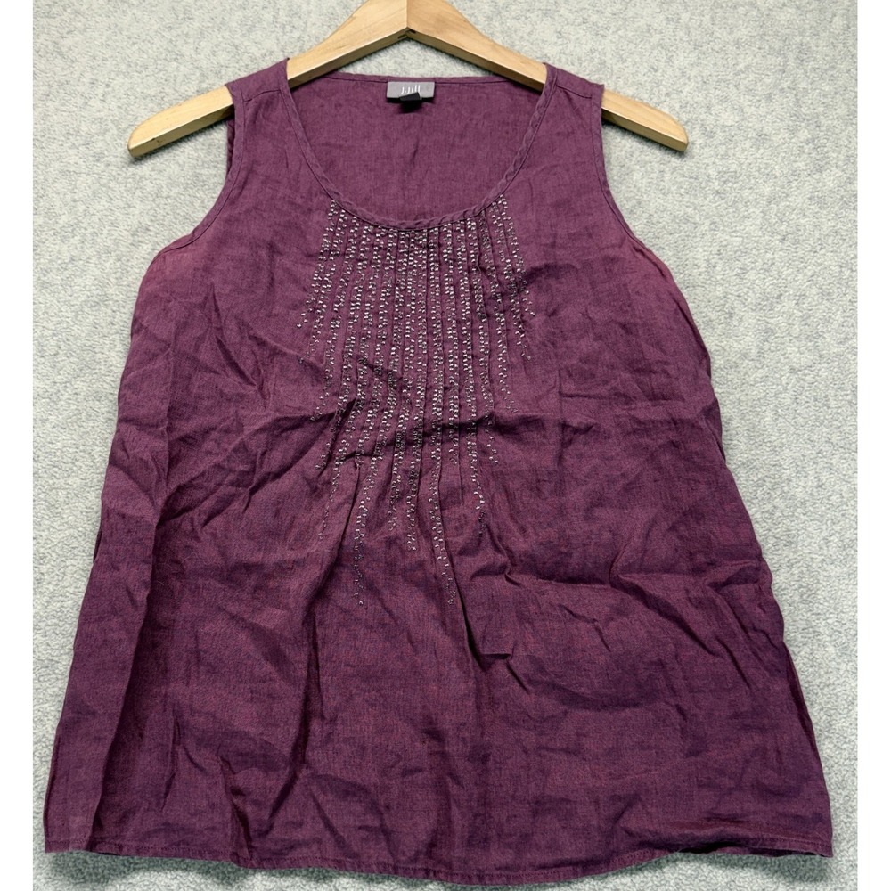 J. Jill Womens Blouse Top Dark Purple Sleeveless Embellished Linen Boho Chic PXS